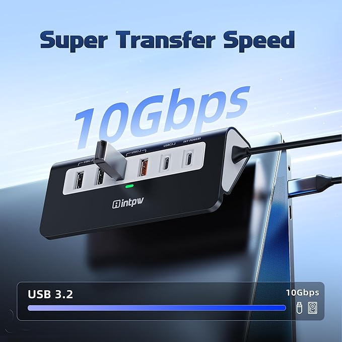 intpw P9 PRO USB C Hub 10Gbps, 9-in-1 USB C Docking Station 3.28FT with 4K@60Hz HDMI, 3 Type-C/A 3.2, 2 Type-A 2.0, PD 100W, SD/TF Port, Black Aluminum USB Hub for Laptop, iPhone 17, MacBook Air/Pro
