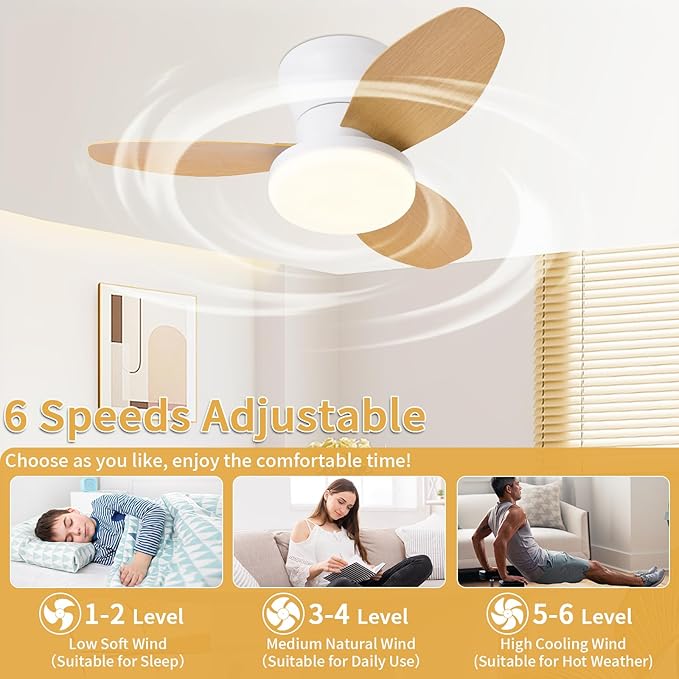 Glowall Small Ceiling Fan with Lights, 25 Inch Flush Mount with Remote Control, Reversible Quiet DC Motor, 3 Blades, 6 Speeds, Dimmable LED, Adjustable Color Temperature, Timer