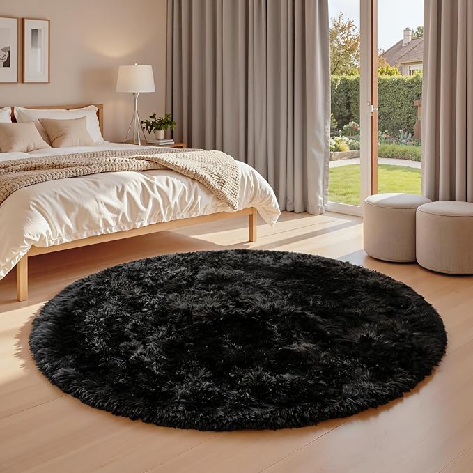 Black Round Fluffy Rug 5ft Plush Fuzzy Shaggy Carpet | Soft Rugs - Image 2