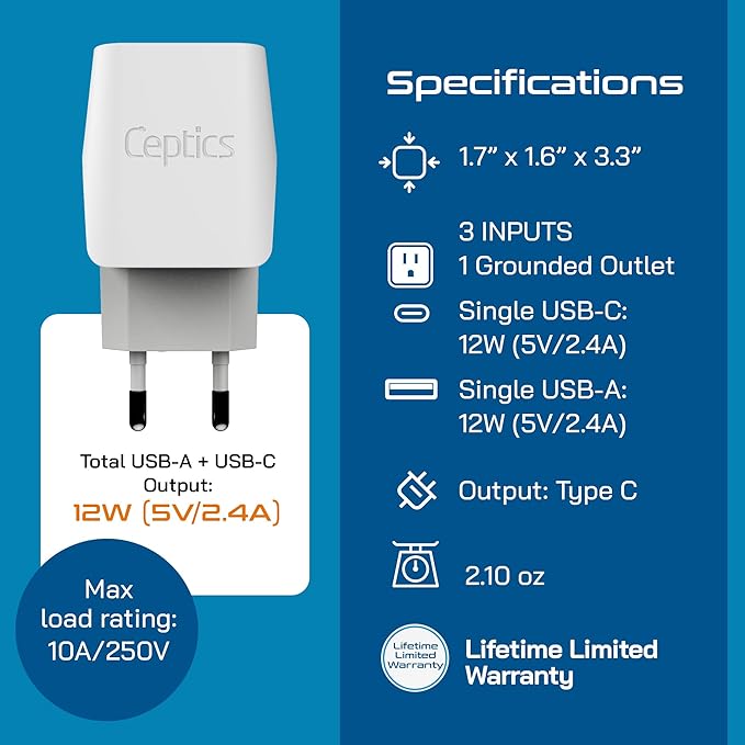 Ceptics European Travel Plug Adapter - USB-A & C, Type C Adapter for Turkey, Egypt, Iceland - USA Input - Ideal for Phones, Chargers, Cameras & More