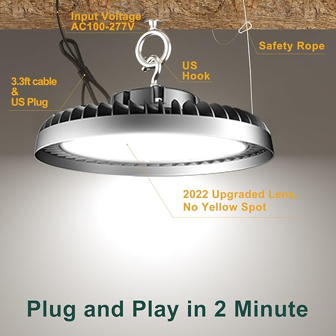 ACOHOOK 500W LED High Bay Light AC100-277V High Bay LED Light 5000K 75000LM UFO LED Lights with US Plug Suit for 30-60FT Height-𝟓𝐘𝐫𝐬 𝐖𝐚𝐫𝐫𝐚𝐧𝐭𝐲-3Pack