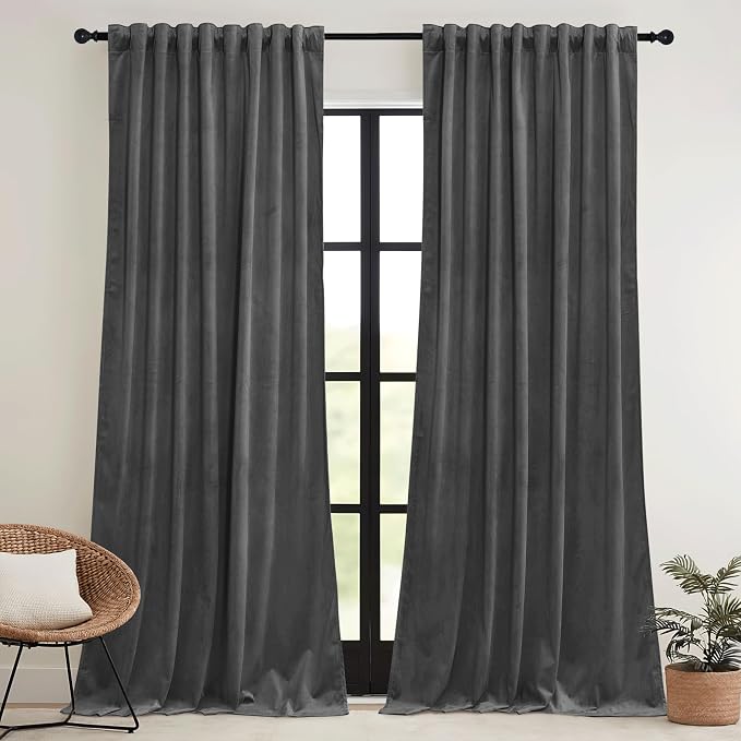 RYB HOME Grey Velvet Blackout Curtains 96 inches - Image 2