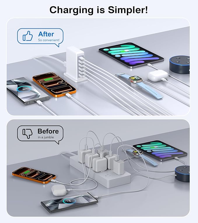 USB Charger Block, 45W 6-Port Charging Station for Multiple Devices, USB A and Type-C Charger Tower Fast Charging Dock Hub Power Strip for iPhone iPad Tablets Android Smartphones, Home Office Use