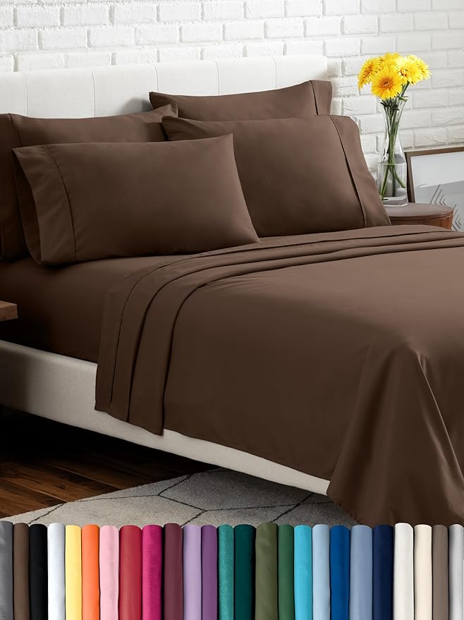 Bare Home Hotel Luxury Split King Sheet Set, Extra Soft - 7 Piece Set - Deep Pockets - Easy Fit - Cooling & Breathable - Wrinkle, Fade, Stain Resistant - Includes 4 Pillowcases (Split King, Cocoa)