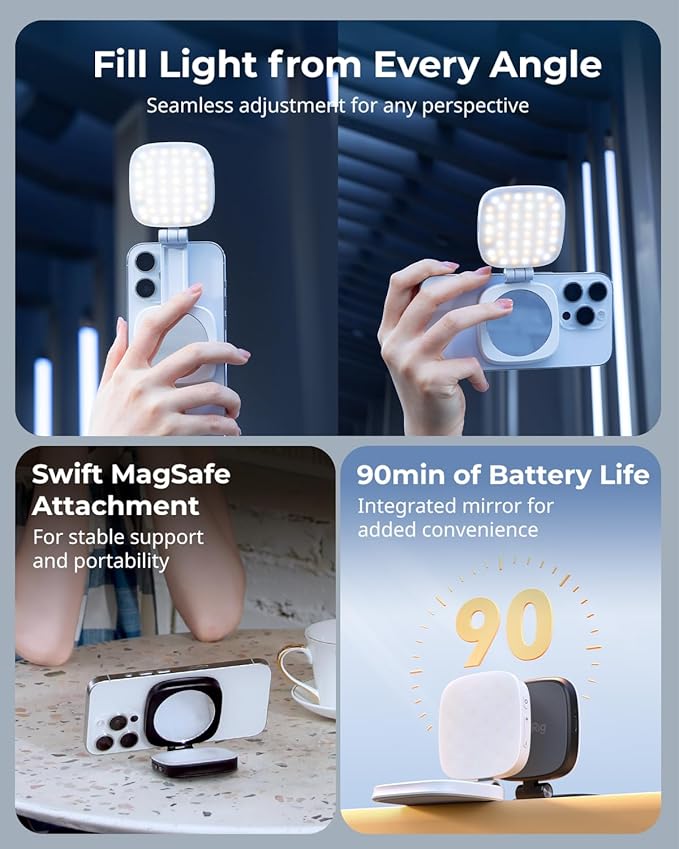SmallRig Magnetic Selfie Light for iPhone, Phone Light with a Mirror, Instant Attachment for MagSafe, for Selfies, Video Conference, Vibe P48 White