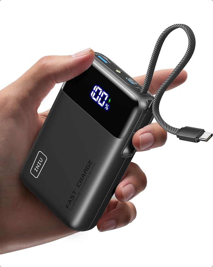 INIU 45W Portable Charger, Smallest 20000mAh Power Bank with Build in USB-C Cable, Fast Charging USB C in&Out Battery Pack, Travel Phone Charger for iPhone 17 16 15 Air Samsung S25 S24 Google iPad etc