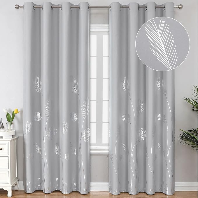 Light Grey Blackout Curtains for Sliding Door Silver Palm Tree Design Pattern by ESTELARTEXTILER