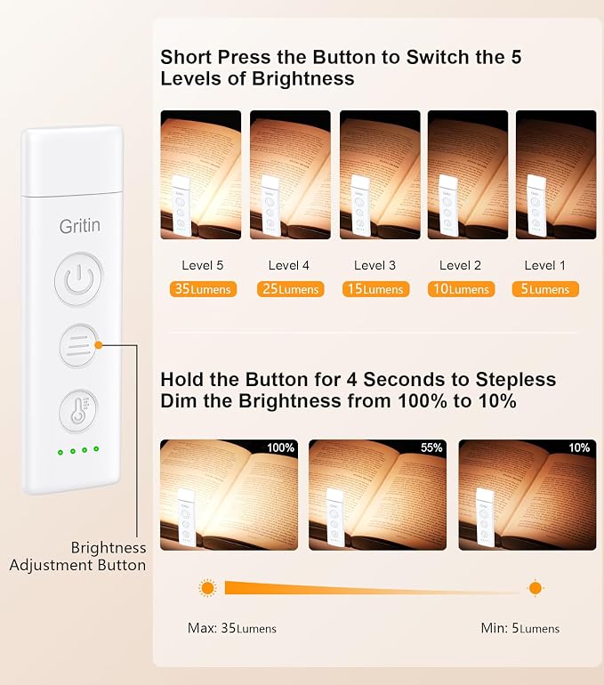Gritin Book Light Rechargeable, Clip on LED Reading Light - Image 2
