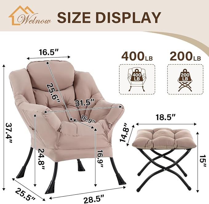 Welnow Lazy Chair with Ottoman, Reading Chair with Footrest，Khaki | A Side - Image 3