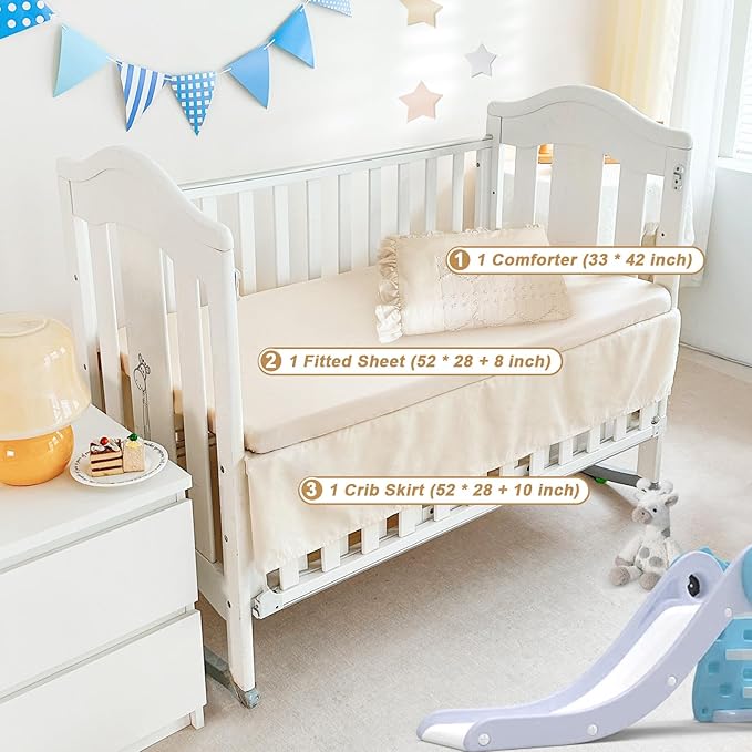 Wowelife Crib Bedding Set for Girls, 3PCs Boho Crib Comforter Set Beige, Ruffle Baby Crib Bedding Set Nursery Bedding Sets for Girls and Boys, Include Quilted Comforter, Crib Skirt and Sheet, Beige