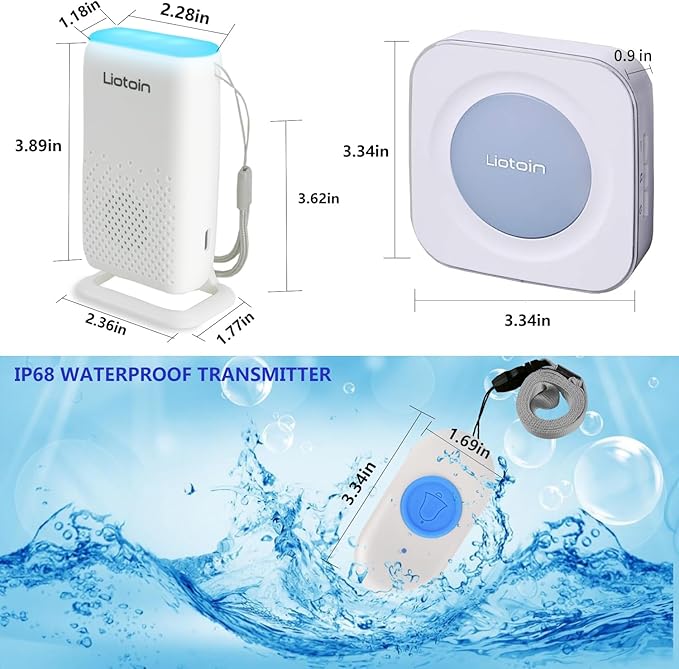 LIOTOIN Caregiver Pager Wireless Alert System - Portable Bell for Home/Elderly/Patients/Seniors - 4 Waterproof Buttons, 1 Portable Receiver, 1 Plugin Receiver