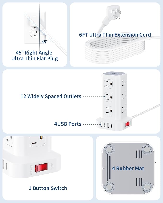 Extension Cord with Multiple Outlets, SMALLRT Flat Plug Power Strip Tower with - Image 3
