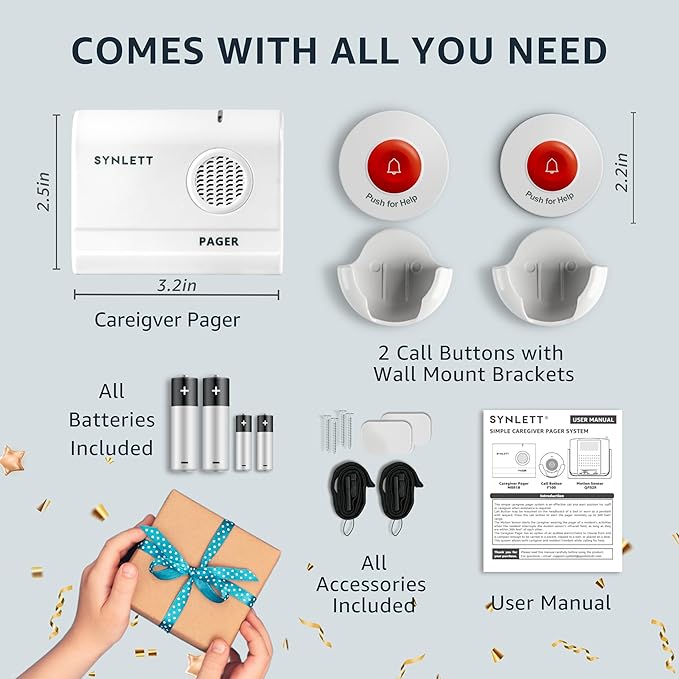 SYNLETT Caregiver Pager Wireless Call Buttons for Elderly Monitoring SOS Alert System Portable Alarm for Nurse Call Seniors Patients Emergency Home