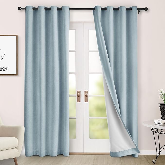 Macochico 100% Blackout Chenille Curtains Thermal Insulated Noise Reducing Velvet Draperies for Living Room Bedroom Hotel Light Blue Blackout Curtains Grommet Top with Tieback 84" Wx84 L 1 Panel