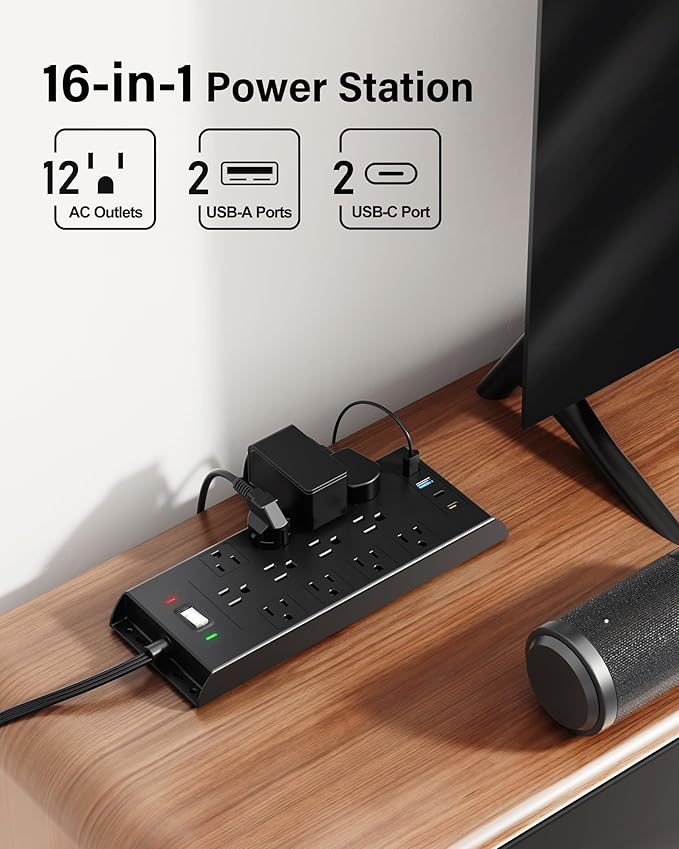 Surge Protector Power Strip 4800J, LeZone 25Ft Long Extension Cord Flat Plug, 12 Outlets 2 USB C 2 USB Ports, Wall Mountable, Desk Charging Station, Black
