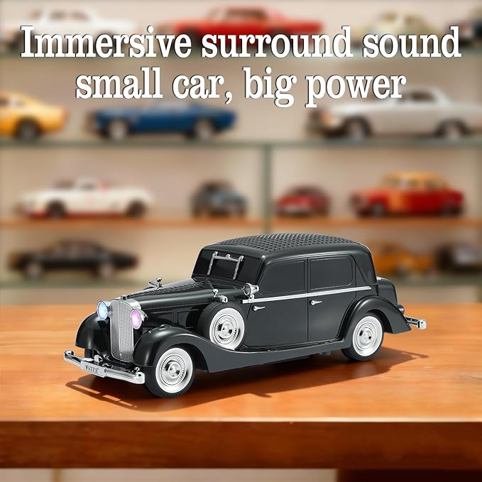 WSTER Vintage Car Bluetooth Speaker, Retro Classic Model with Powerful Sound, Built-in Mic, TWS Dual Pairing, Multi-Interface Output, Portable Wireless Outdoor Speaker for Parties & Beach (Black)
