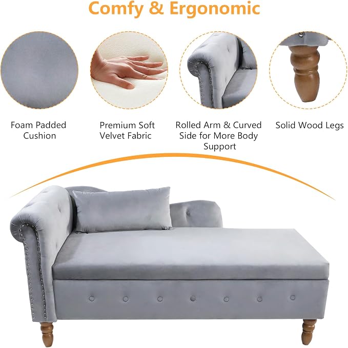 Aoowow Velvet Bedroom Storage Bench End of Bed, Rolled Arm Couch Indoor Chaise - Image 3