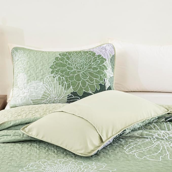 Yiran Floral Quilt Set Queen Sage Green Botanical Bedspreads Bedding Set | 3 - Image 5