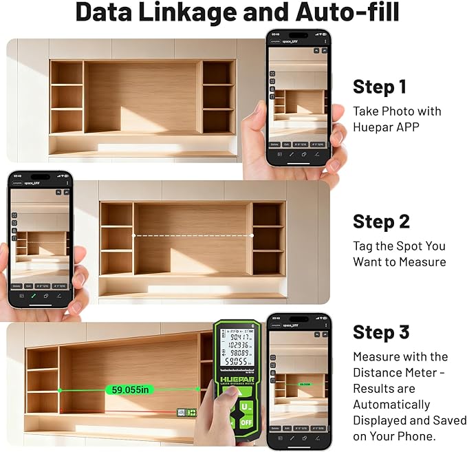 Huepar 330Ft Green Laser Measurement Tool with APP Control, Rechargeable Bluetooth Distance Meter ±1/16" High Accuracy, Angle Sensor, Multiple Modes, IP54 Waterproof Durable for Home & Construction