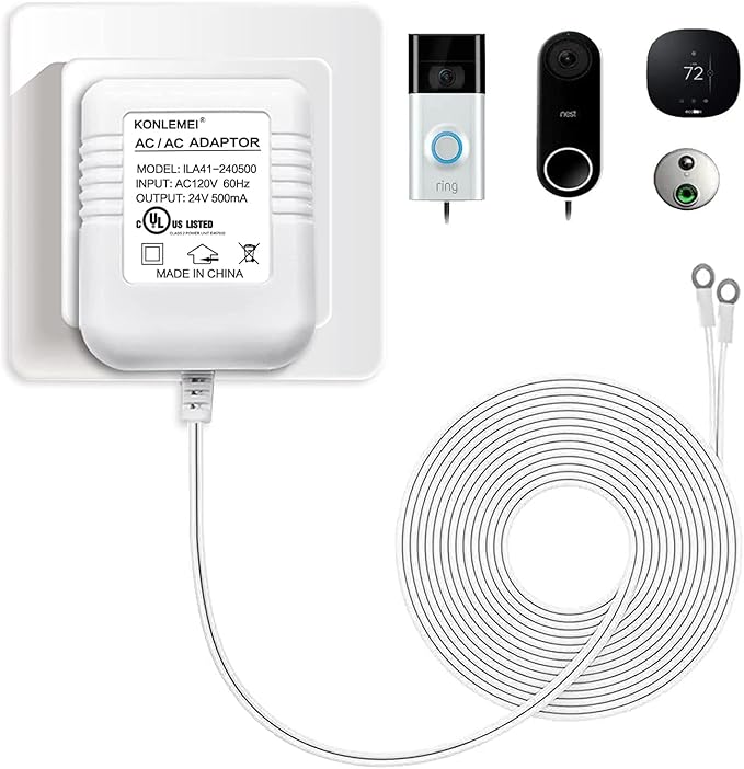 KONLEMEI Doorbell Power Adapter, 24V Transformer Compatible with Video Doorbell, 20ft/6M,White