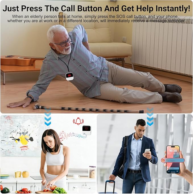 Frexiol WiFi Caregiver Pager Medical Alert Systems for Seniors No Monthly Fee App Control Alert Button for Seniors at Home,2 Call Button and 1 Receiver,for Elderly,Patients,Disabled