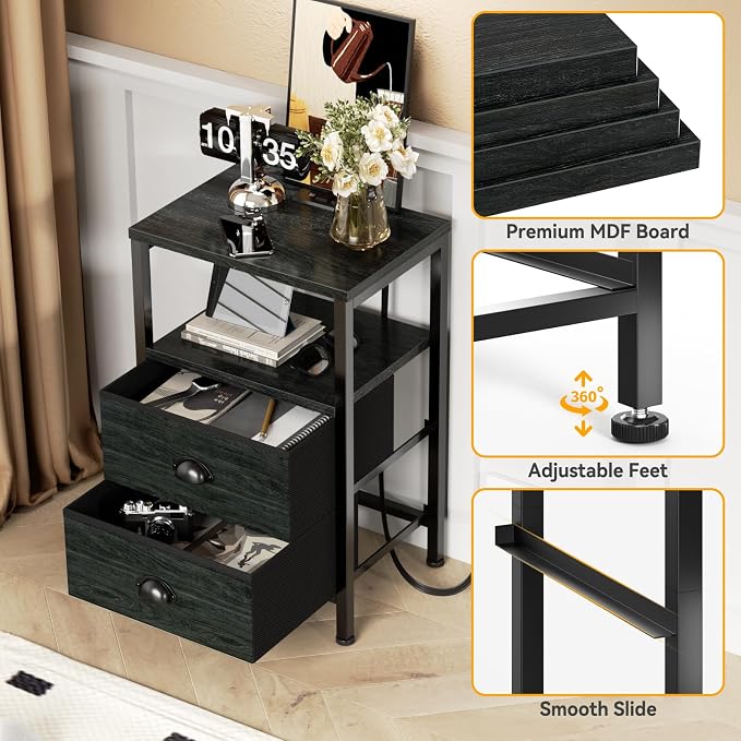 Furologee Night Stand with LED Light, Charging Station, 2 Drawer, 2 Fabric - Image 6