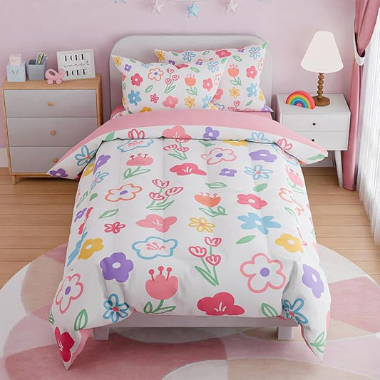 SANDJEST Floral Twin Bedding Sets for Girl, Ultra Soft Microfiber Comforter Bed Set with 3-Pieces, Flower Comforters Sets for Kids Children Girl Teen Tween Bedroom Decor