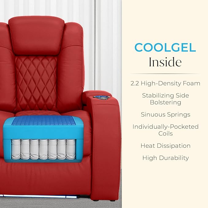 Seatcraft Diamante Zero-Gravity CoolZero Italian Leather Home Theater Seating, Power Headrest, Power Recline, Row of 2 Loveseat, Red