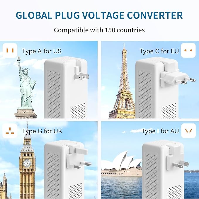Mapambo 2000W 220V to 110V Voltage Converter US to Europe, Power Converter European Travel Converter for Hair Dryer, Power Converter Adapter Combo with 2 Type C 2 USB A (White)