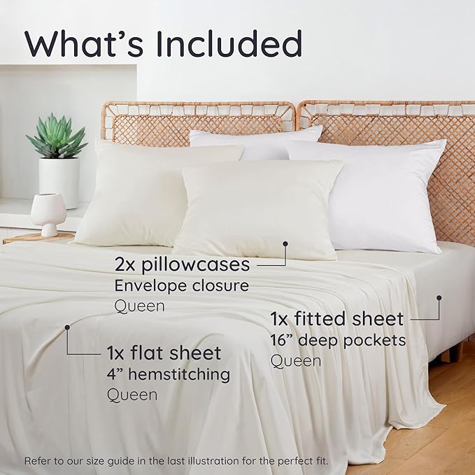 Bambaw 100% Viscose Derived from Bamboo Queen Size Sheet Set - 4pcs Cooling Sheets for Hot Sleepers, Soft Deep Pocket Queen Sheets Fits Up to 16'' with Elastic Corner Straps (Ivory)