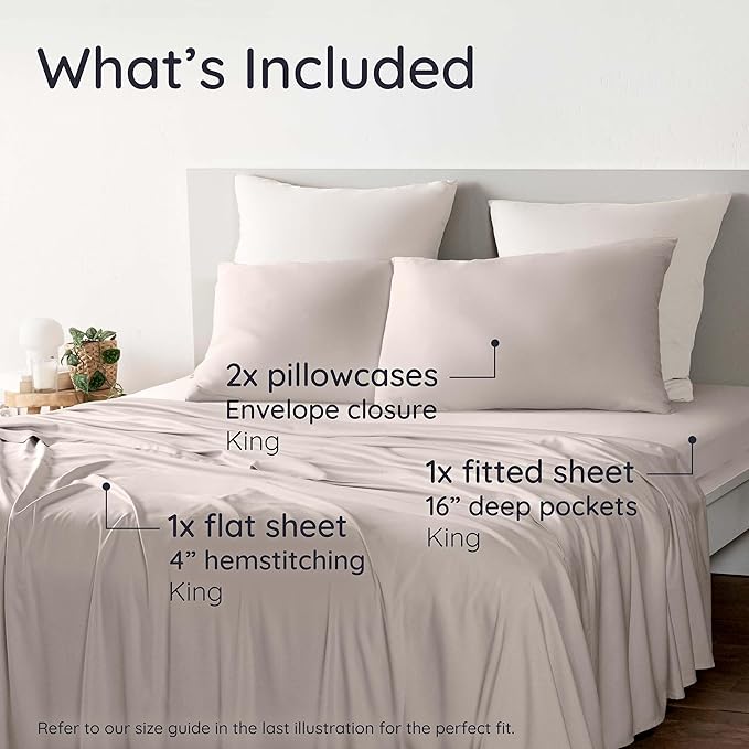 Bambaw 100% Viscose Derived from Bamboo Sheets King Size Set – 4pcs Luxury Bed Sheet Set, Best Cooling Sheets for Hot Sleepers, Soft & Breathable, Fits Up to 16'' Deep Pocket (Sand)