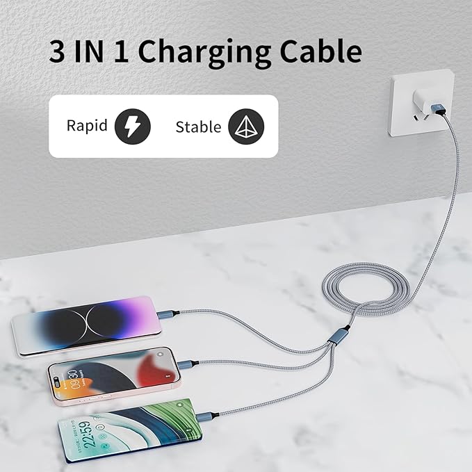 IDISON Multi Charging Cable(3Pack 4FT), 3 in 1 Charging Cable Nylon Braided Multiple USB Cable Universal Charging Cord with Type-C, Micro USB and IP Port for Cell Phones and More