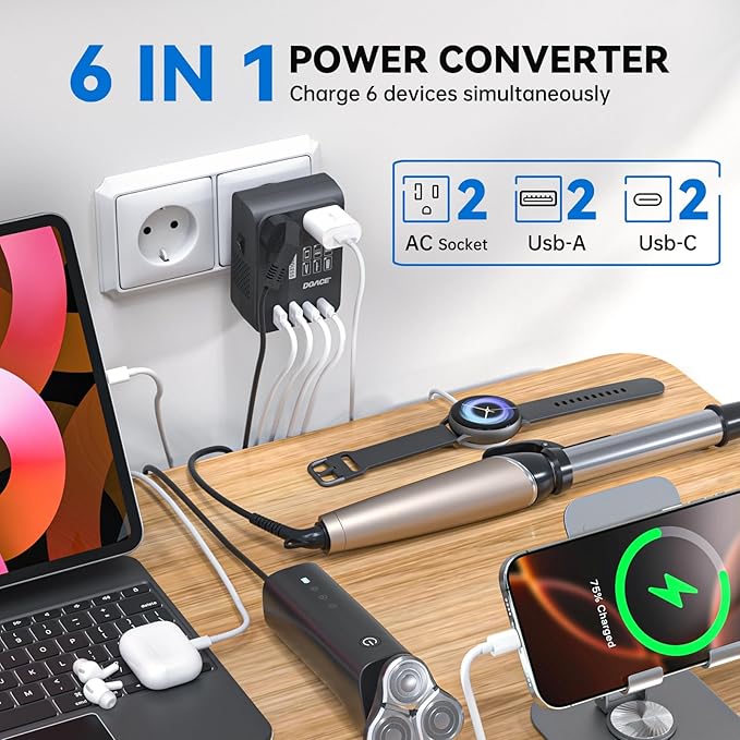 DOACE 220V to 110V Converter 350W Voltage Converter US to Europe for Hair Straightener/Curling Iron Converter for European Travel with 4-Port USB Charging and UK/AU/US/EU Worldwide Plug Adapter