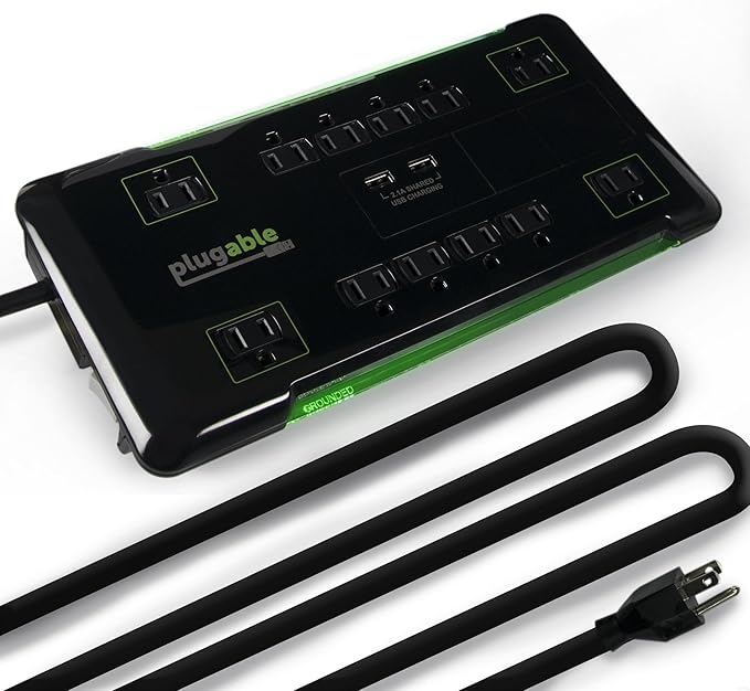 Plugable Surge Protector Power Strip with USB and 12 AC Outlets, Built-in 10.5W 2-Port USB Charger for Android, Apple iOS, and Windows Mobile Devices, 25 Foot Extension Cord