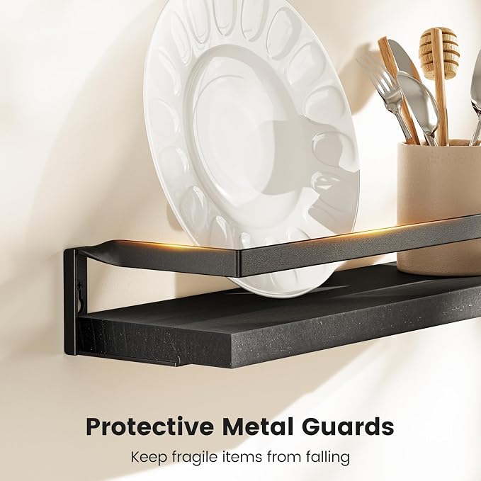 Amada Bathroom Shelves with Towel Bar, Protective Metal Guards, Paulownia Wood - Image 4