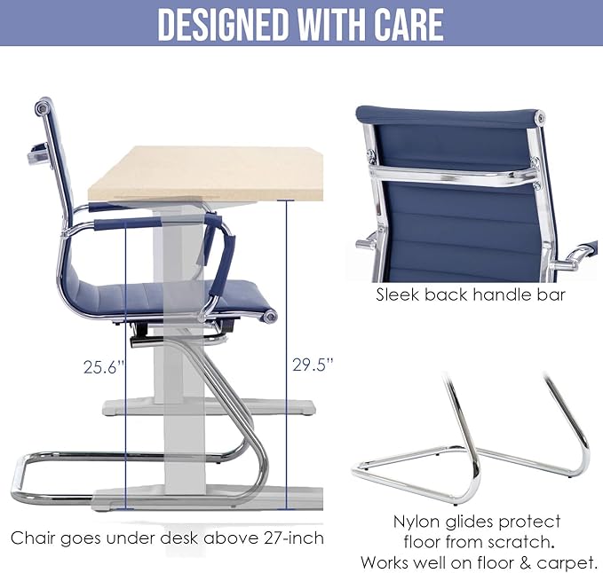 Wahson Office Guest Chairs Set of 8, Leather Reception Chairs, Mid Back Waiting Room Chair, Conference Chairs with Sled Base, Desk Chair No Wheels for Meeting/Lobby/Restroom, Navy Blue