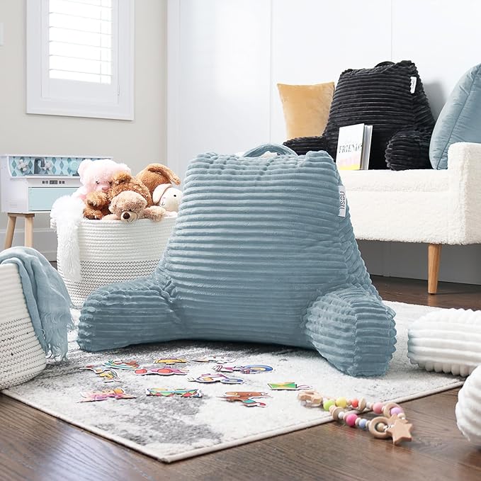 Nestl Reading Pillow with Shredded Memory Foam, Luxe Cut Plush Back Pillow for Sitting Up in Bed, Back and Arms Adjustable Support for Adult & Teens, Backrest Pillows with Washable Cover Stone Blue