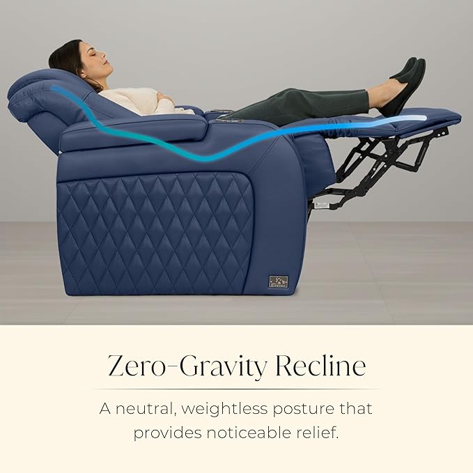 Seatcraft Diamante Zero-Gravity CoolZero Italian Leather Home Theater Seating, Power Headrest, Power Recline, Single Recliner, Navy Blue