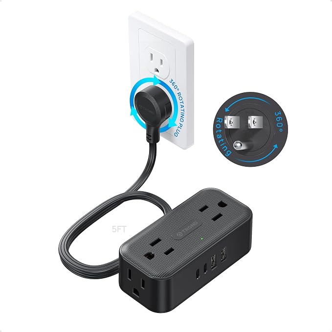 TROND 360° Rotating Flat Plug Power Strip 5ft, 4 Widely AC Outlets, Wall Mount by TRONDOfficial