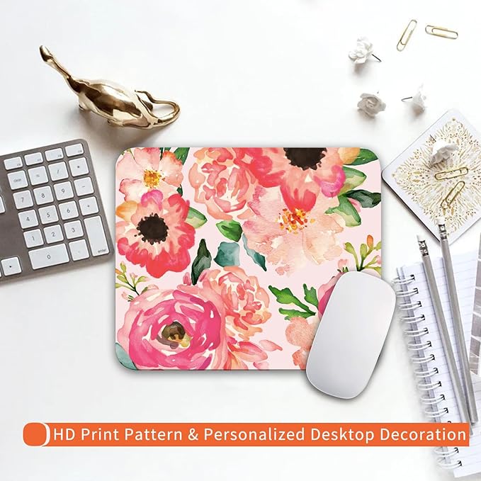 Armanza Square Mouse Pad Pink Watercolor Flower, Personalized Premium-Textured Custom Mouse Mat Design, Washable Mousepad Cloth, Non-Slip Rubber Base Computer Mouse Pads for Wireless Mouse