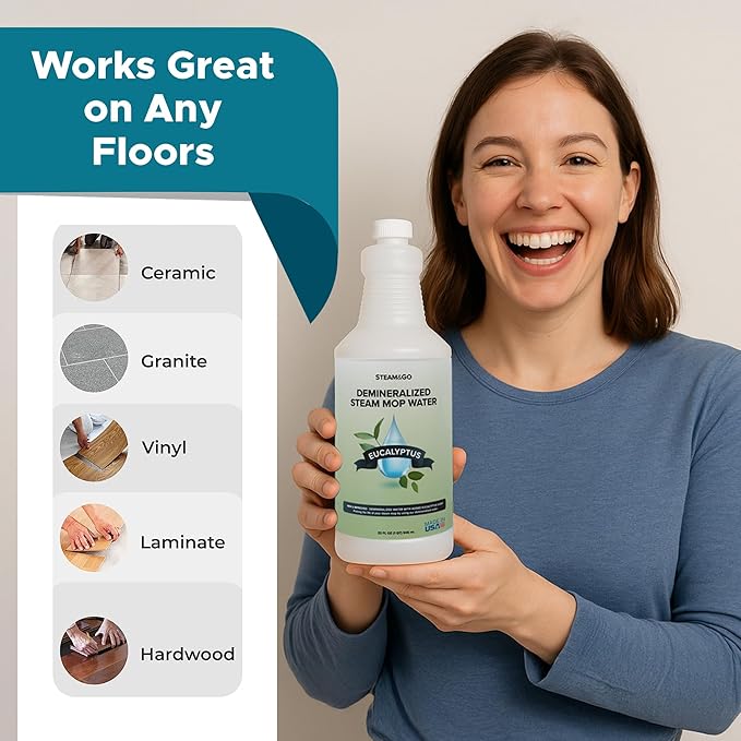 Steam & Go Demineralized Water Cleaning Solution for Floor & Multi-Surface Steam Cleaners - Compatible for All Steam Mops - Eucalyptus Mint Scent, 32 oz