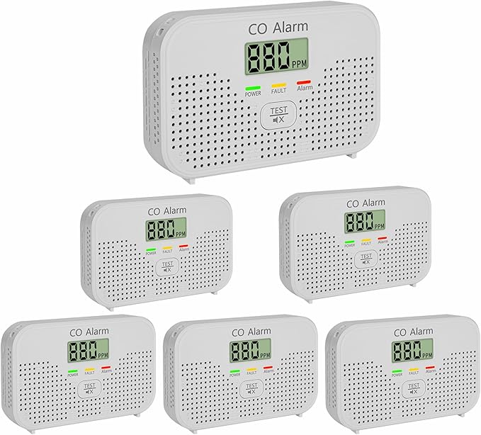 Carbon Monoxide Detector Powered by AA Battery (not Included), CO Monitoring Alarm with LCD Display Screen, Used for Home Basement Kitchen, Hotel Garage, Bedroom, Living Room Voice Alarm 6 Pack
