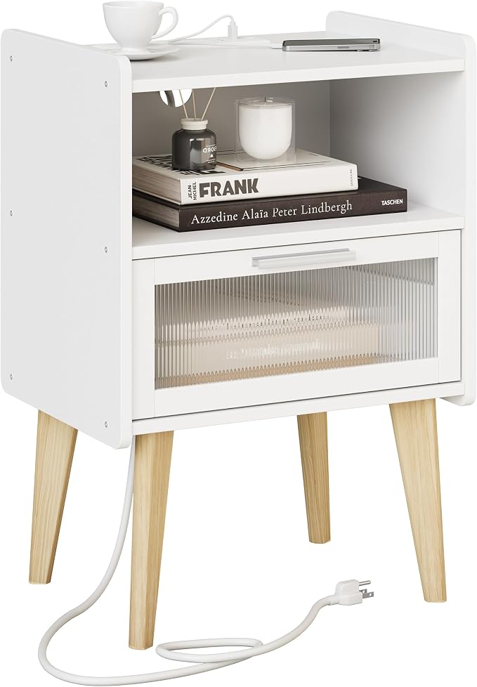 MMEOLUOOK Nightstand with Charging Station, Bedside Tables with Glass by MMEOLUOOK