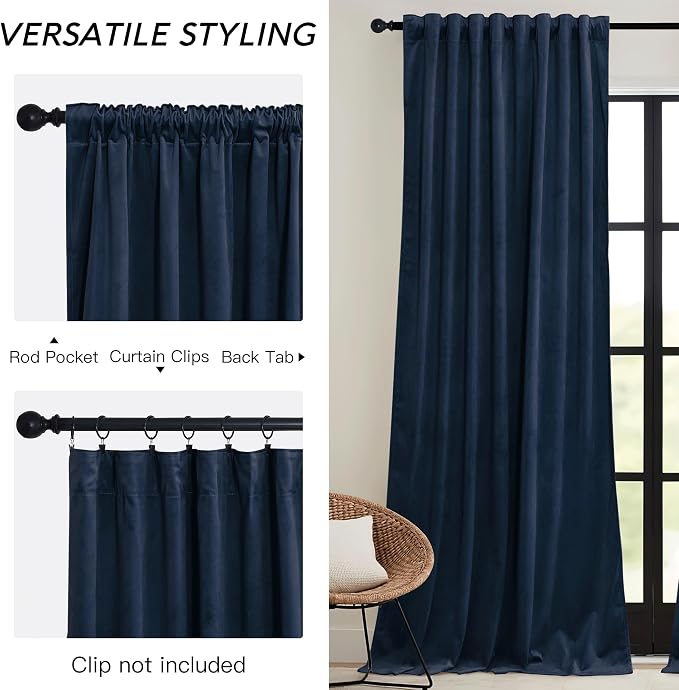 RYB HOME Navy Blue Velvet Blackout Curtains 90 inches - Image 2