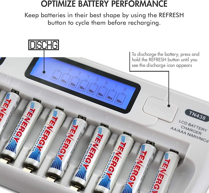 Tenergy TN438 16-Slot Smart Battery Charger for AA/AAA NiMH/NiCd LCD Display + 16 Premium AAA Rechargeable Batteries