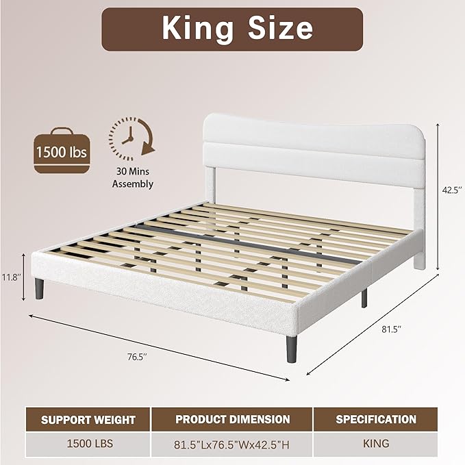 King Size Bed Frame, Upholstered King Bed Frame and Headboard, Teddy Soft Boucle Fabric bedframe King Size, Soft Cloud Marshmallow Shape Upholstered Headboard, No Box Spring Needed, Noise Free (White)