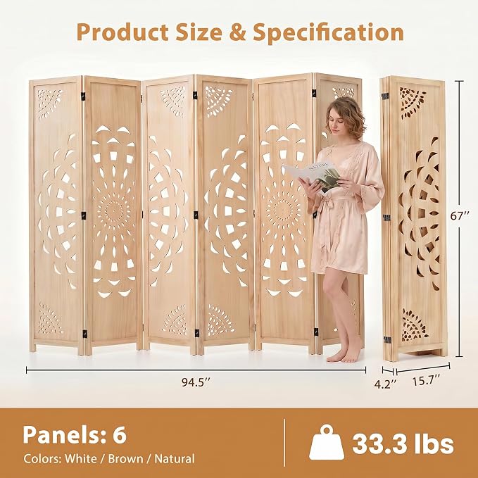6 Panel Room dividers, 66.9" Boho Double-Sided Carved Screen, Natural | - Image 6