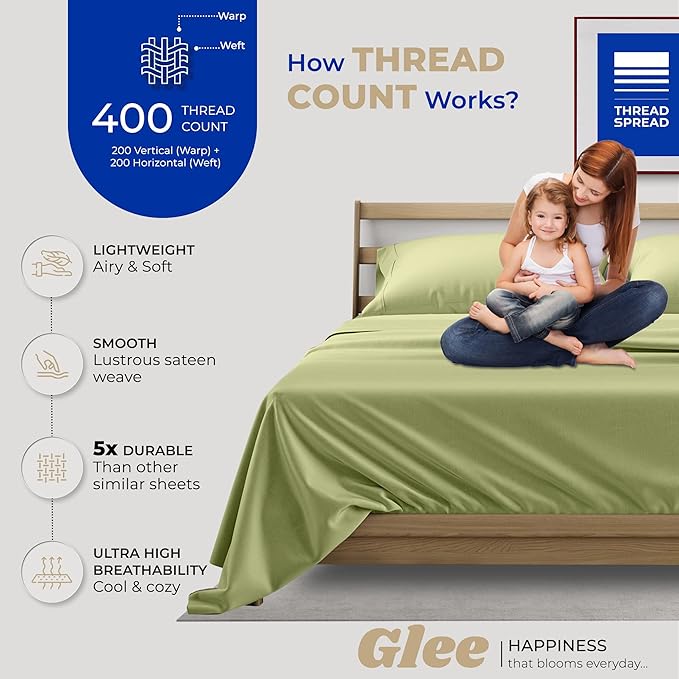 THREAD SPREAD 100% Cotton Bed Sheets Twin XL Sheet Set - 400 Thread Count Sheet Twin XL Size 3 PC Set (Sage Green), Soft, Cooling, Hotel-Quality 16" Deep Pocket Sateen Cotton Bedsheet for Hot Sleepers