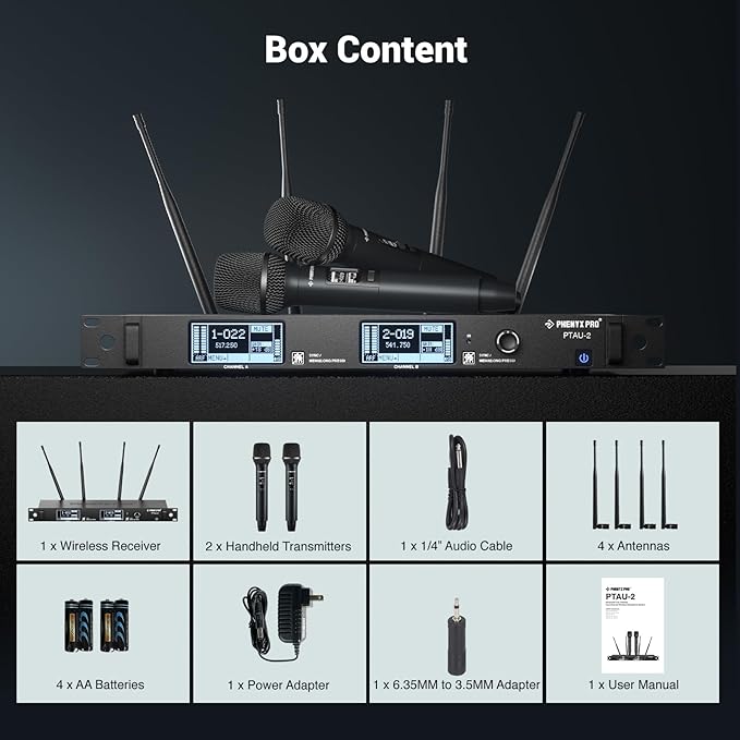 Phenyx Pro Dual-Channel Wireless Microphone System, Dynamic Mics w/ID Lock, Tunable Power Level, Auto Scan, Spectrum Analyzer, True Diversity Cordless Handheld for Singing, DJ, Karaoke (PTAU-2)