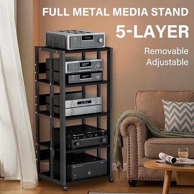 jvsufuik 5-Tier AV Media Stand with Wheels, Media Console Cabinet With Adjustable Shelves, Metal Audio Rack, Mobile Game Console Stand, Stereo Audio Cabinet For Record Player, Dvd, TV Box